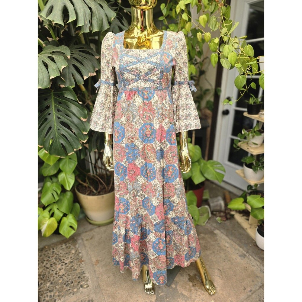 Vintage 1970s Vicky Vaught Prairie Maxi Dress Floral Patchwork Bell Sleeve S